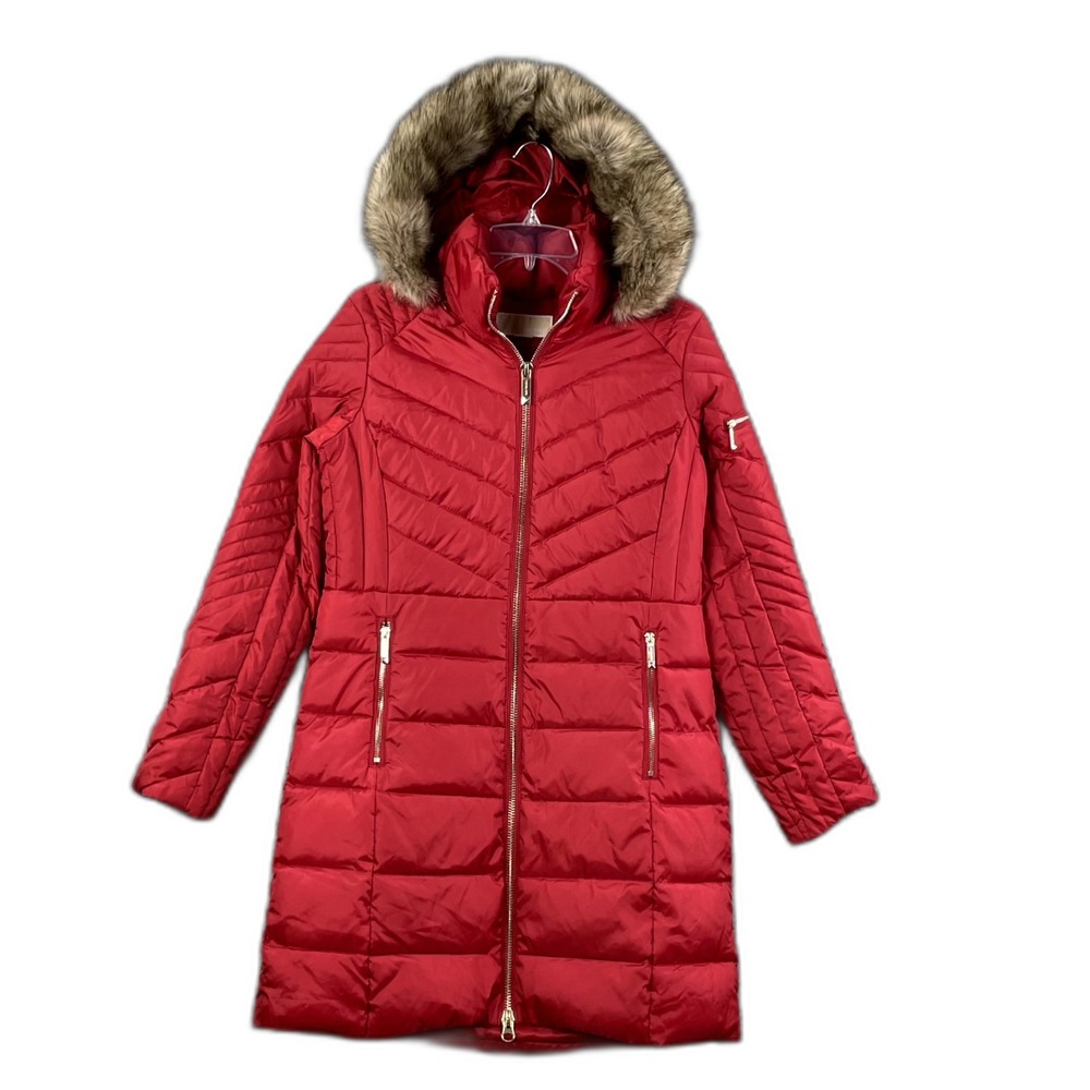 Michael‎ Kors Puffer Coat Womens Small Faux Fur Hood Chevron Quilted Academia
